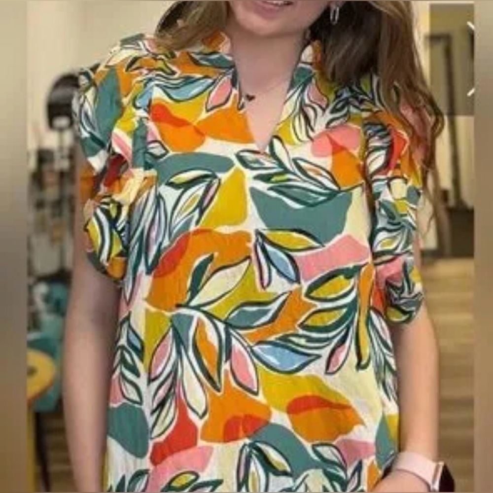 THML Floral Tropical Puff Sleeve Blouse XS Colorful Spring Top NWT